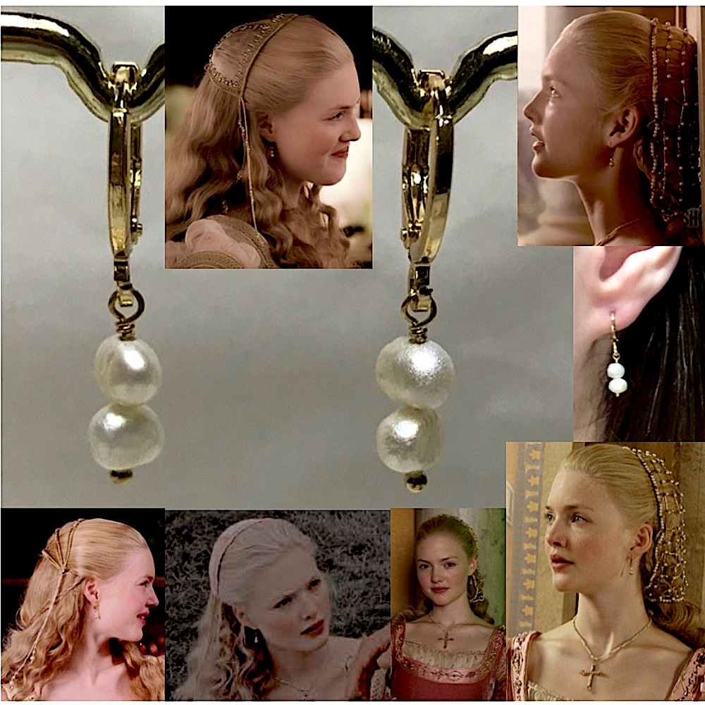 Lucrezia Borgia Double Natural Pearl Gold Renaissance Earrings Handmade Replicas